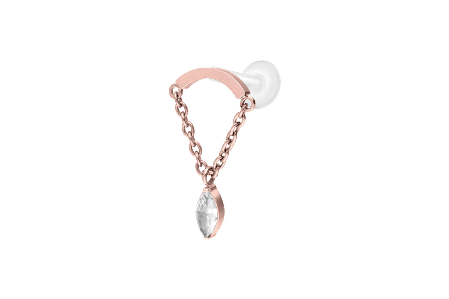 PTFE Labret Piercing mit Innengewinde + Titan-Aufsatz BOGEN + KETTE + KRISTALLTROPFEN